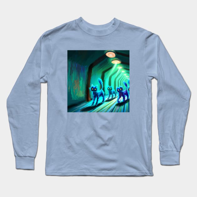 Several Blue Cats March Down a Hallway in an Underground Base Long Sleeve T-Shirt by Star Scrunch